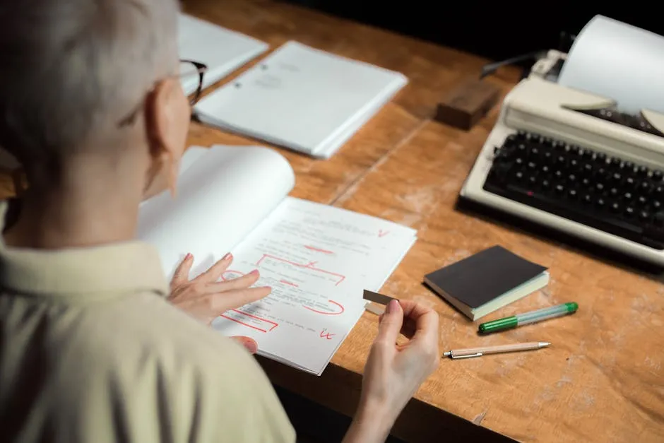 A printed document on a desk with pen edits marked in the margins, suggesting a working draft being refined