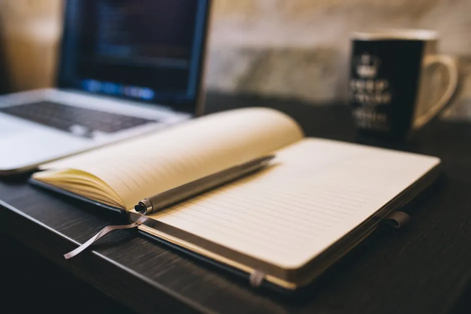 Two open notebooks side by side on a desk with a pen between them, suggesting a choice between two writing tools