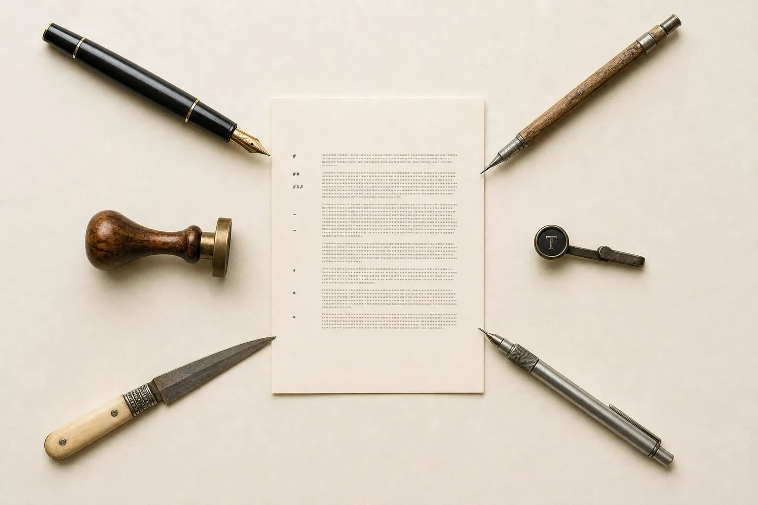 Top-down view of a single sheet of monospaced markdown text on cream paper, encircled by a ring of writing instruments — fountain pen, mechanical pencil, typewriter key, fine-liner, letter-opener, and rubber stamp — all pointing inward