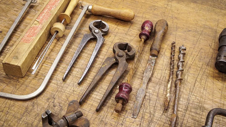 An open wooden toolbox of well-used hand tools on a workbench, suggesting a set of tools picked for the job