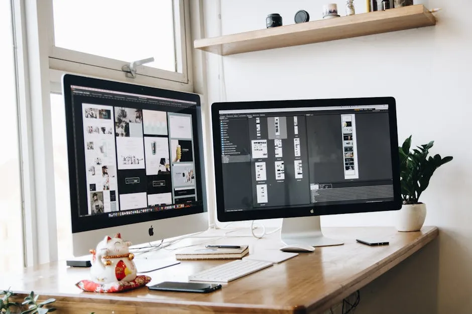 An office desk with two computer monitors arranged side by side, showing two different workflows