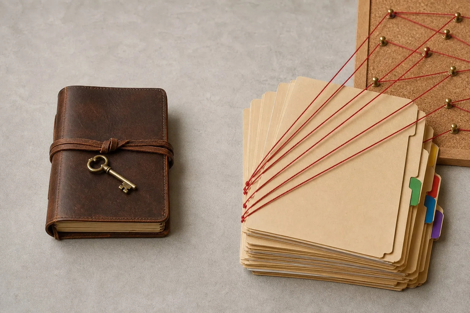 Symmetrical still-life — a closed leather-bound notebook with a brass key on the left, and a fanned stack of manila folders connected by red strings to brass pins on the right