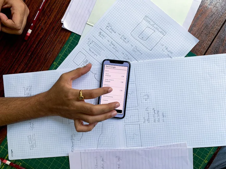 A designer sketching wireframes on paper at a desk, alongside coloured markers and a coffee cup