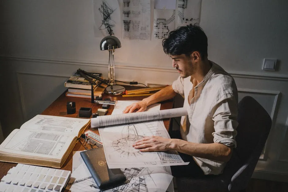 Architect's blueprints and drafting tools spread across a table, suggesting the early planning stage of a build