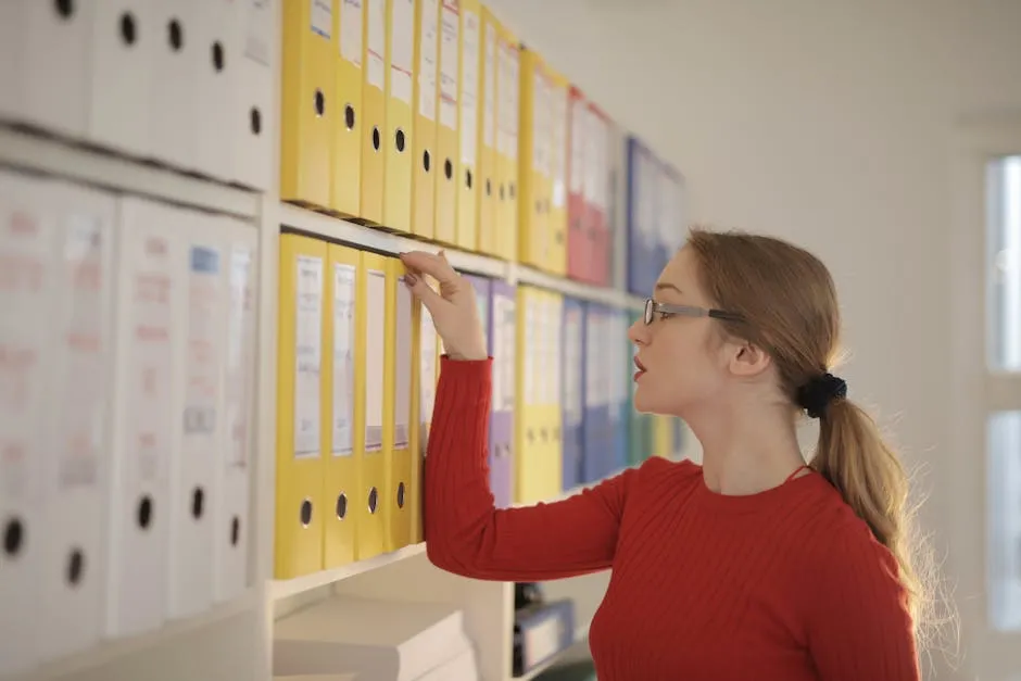 Rows of office shelves filled with labelled binders, suggesting an organised internal archive of company knowledge
