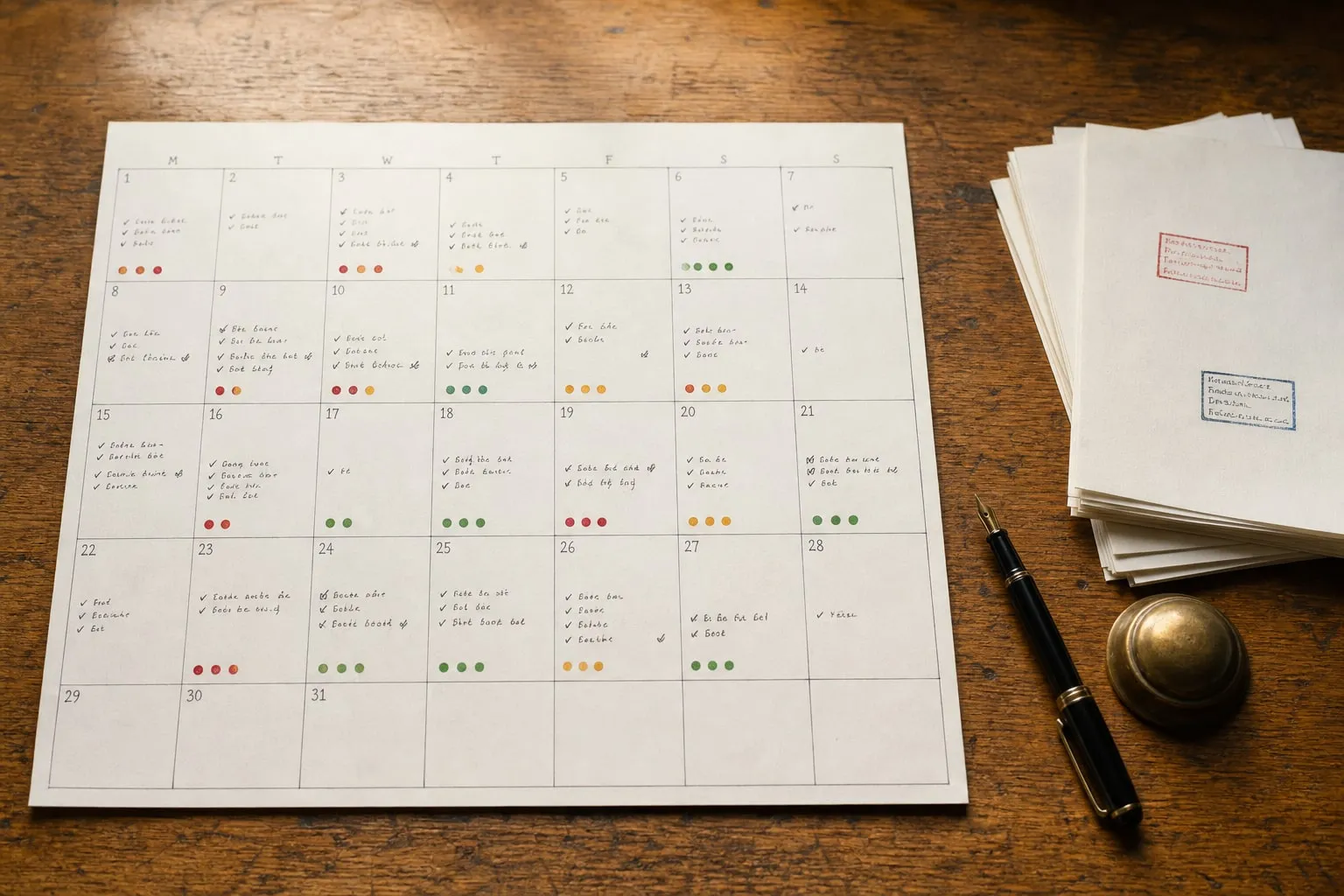 Top-down view of a paper wall-calendar marked with ink tick-marks and coloured dot-stickers, beside a tidy stack of pages bearing red and blue rubber-stamp impressions