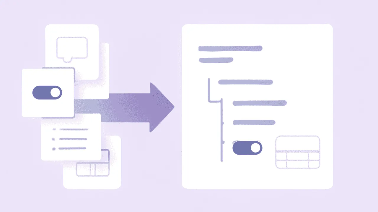 Block-shaped cards flowing into an organised page tree, illustrating Notion-to-Raccoon-Page block-by-block migration