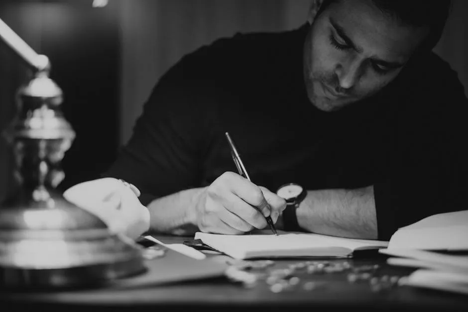 A focused writing scene — open notebook, fountain pen, and a desk lamp casting warm light, suggesting careful drafting