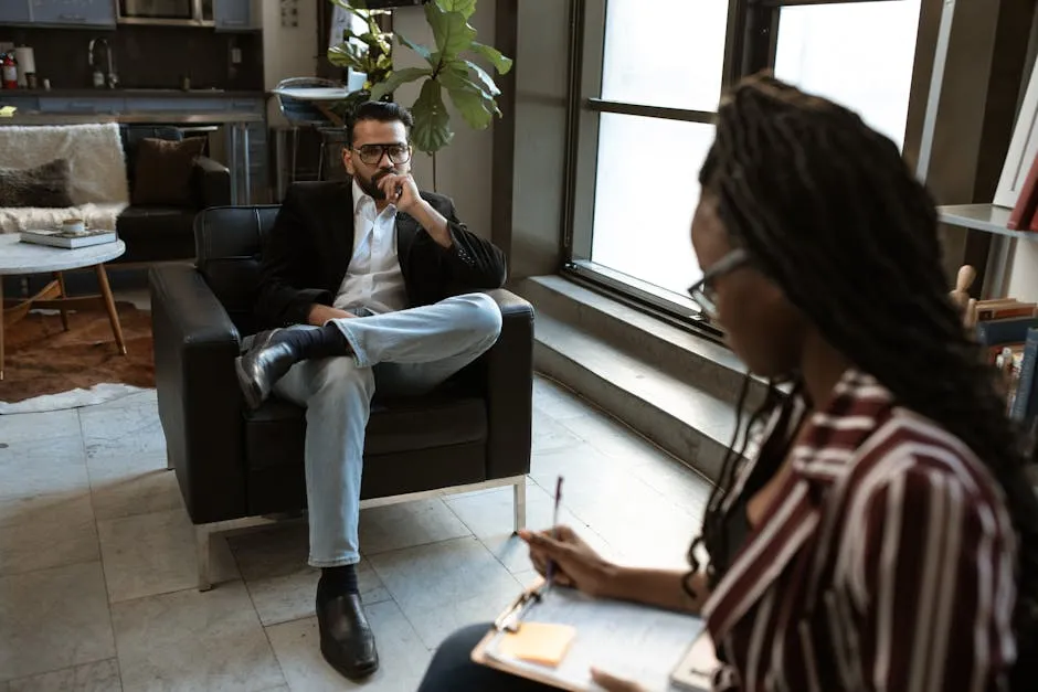 Two people sitting across a desk in a quiet office, taking notes during an interview, suggesting a customer story being captured