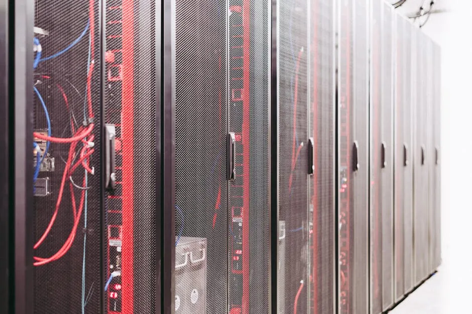 A row of server racks lit by red emergency lighting, suggesting an active incident