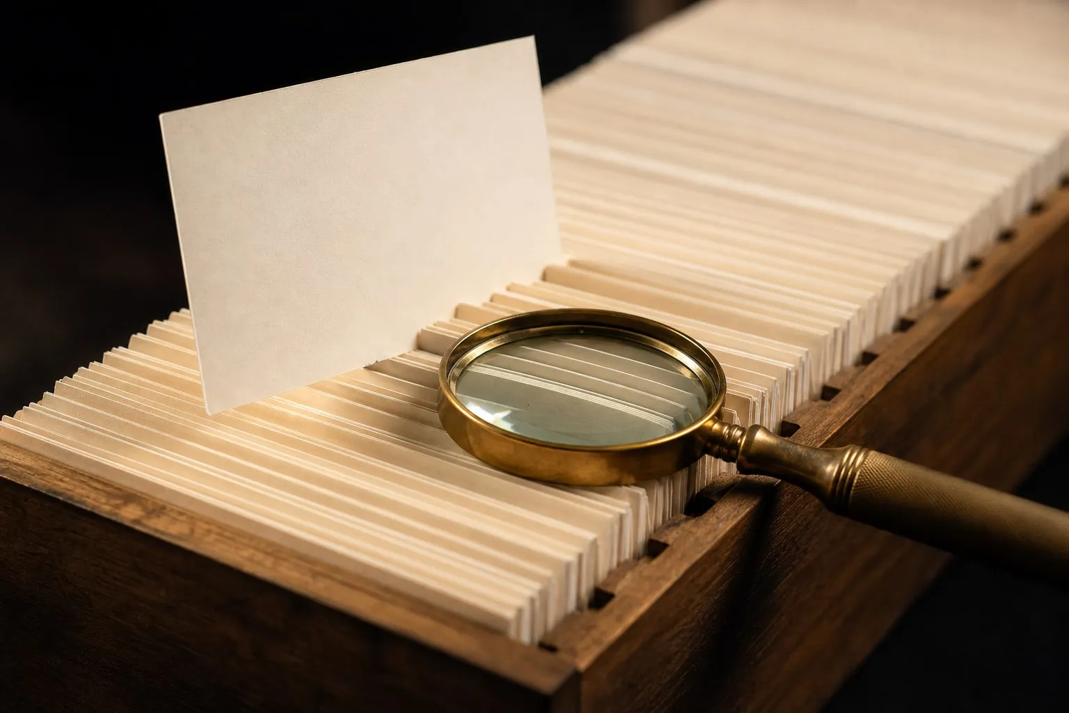 A single cream index card lifted cleanly out of a long row of upright cards in a wooden tray, with an antique brass magnifying glass resting over the empty slot