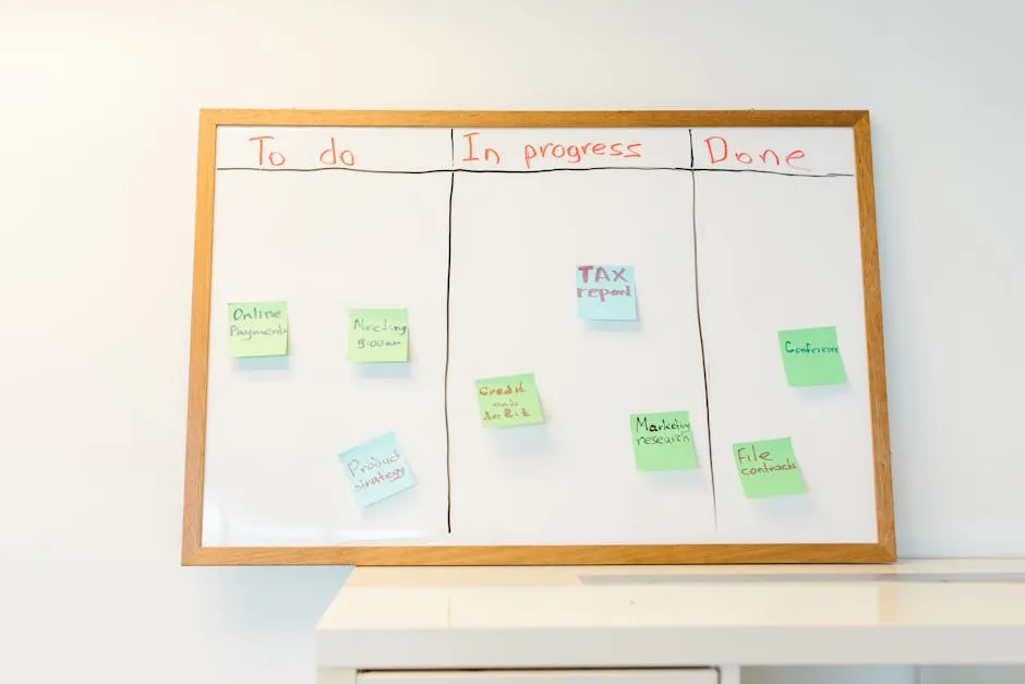 A wall-mounted whiteboard covered with colour-coded sticky notes arranged in vertical columns, suggesting tickets moving through a planning board's lanes