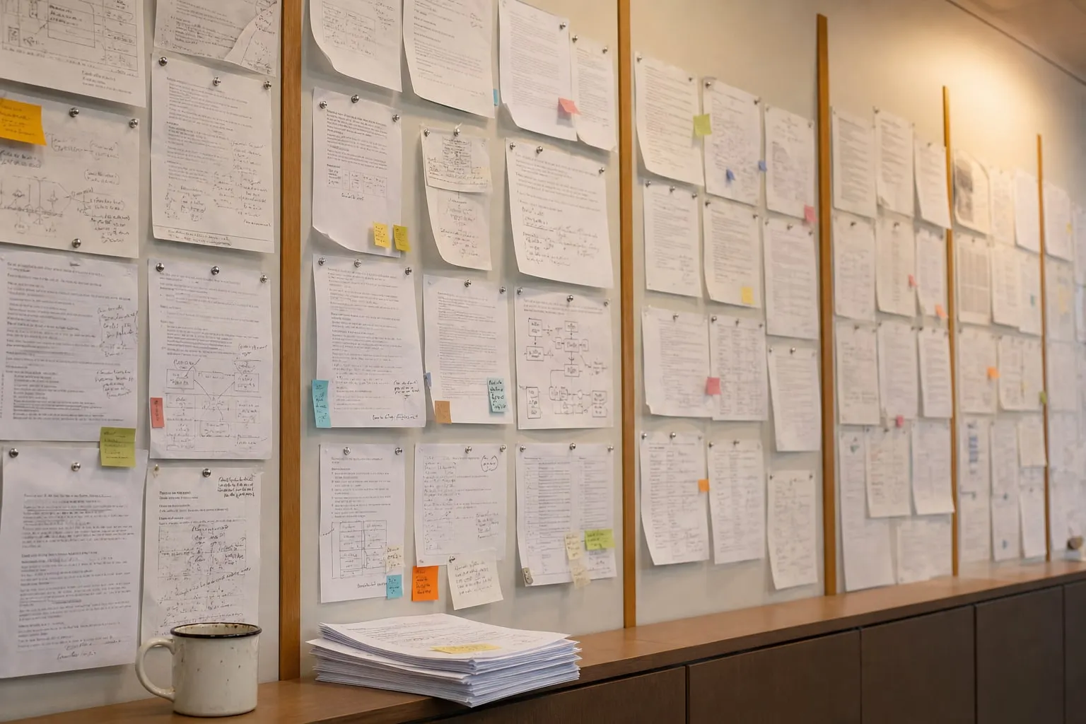 A long internal office wall densely covered in pinned printed pages arranged in clusters separated by wooden strip-dividers, with a working credenza and enamel mug visible at the lower edge