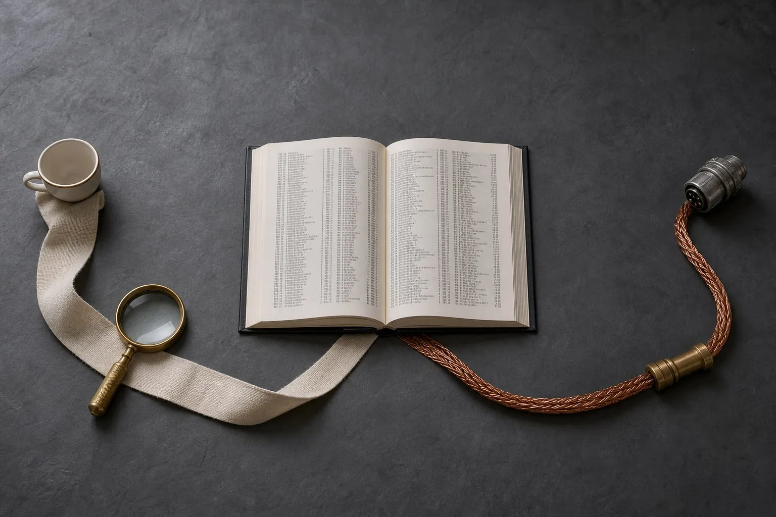 Top-down still-life — a single open book at centre, flanked by two converging paths: a cream linen ribbon with porcelain teacup and brass magnifier on the left, a braided copper cable with a steel connector and brass coupling on the right, both meeting at the spine