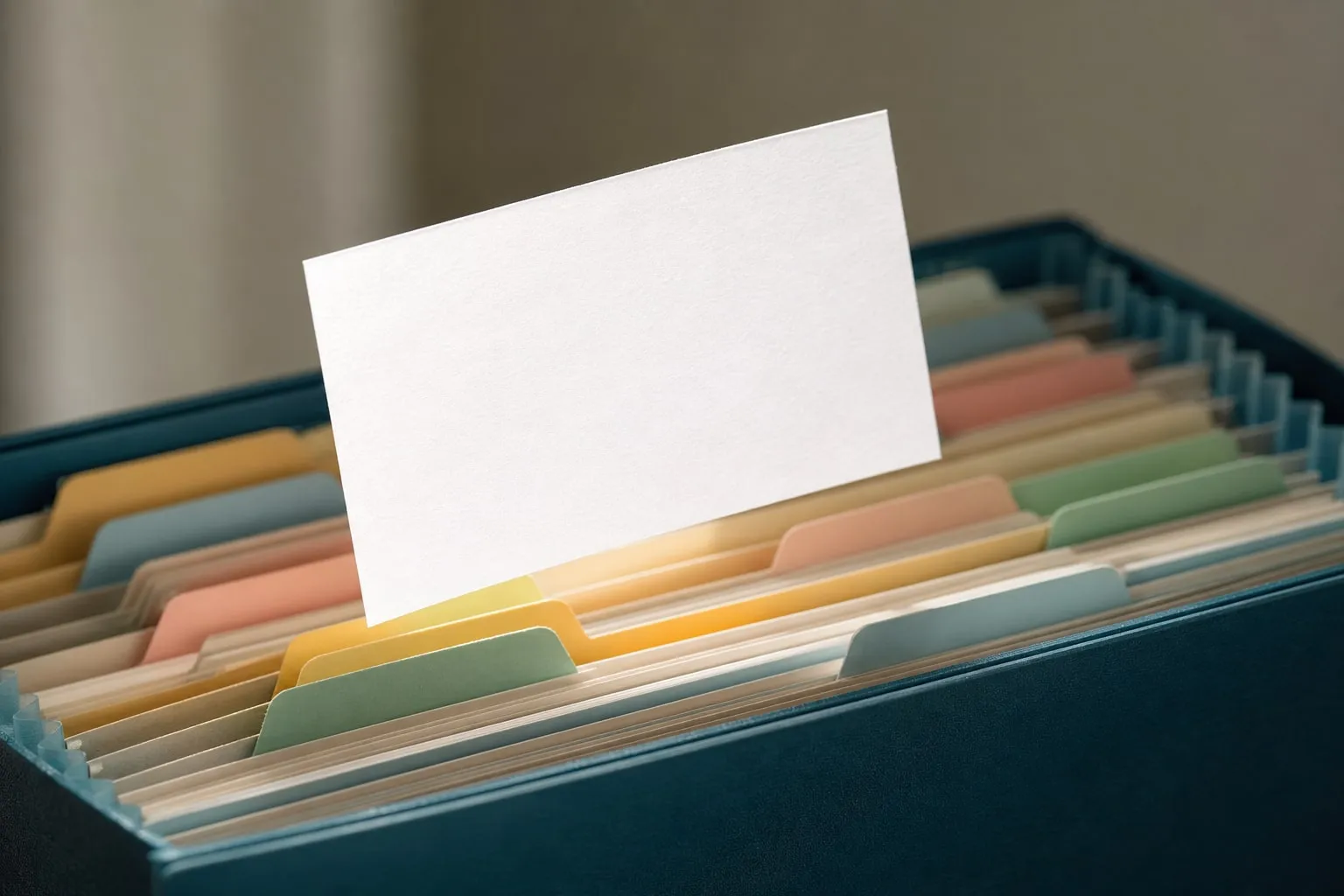 A single crisp white index card lifted into focus above a densely organised, colour-tabbed accordion file folder of cards