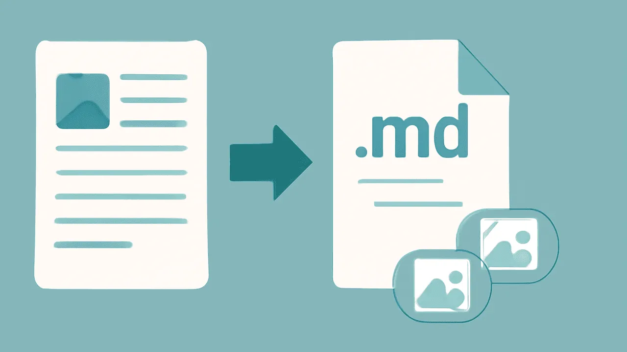 A wiki page transforming into a standalone .md file with attached image references, illustrating per-page markdown export