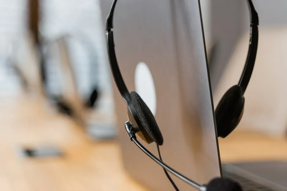 A support workspace with a headset resting beside a laptop, suggesting the customer questions a self-service knowledge base answers before they reach an agent