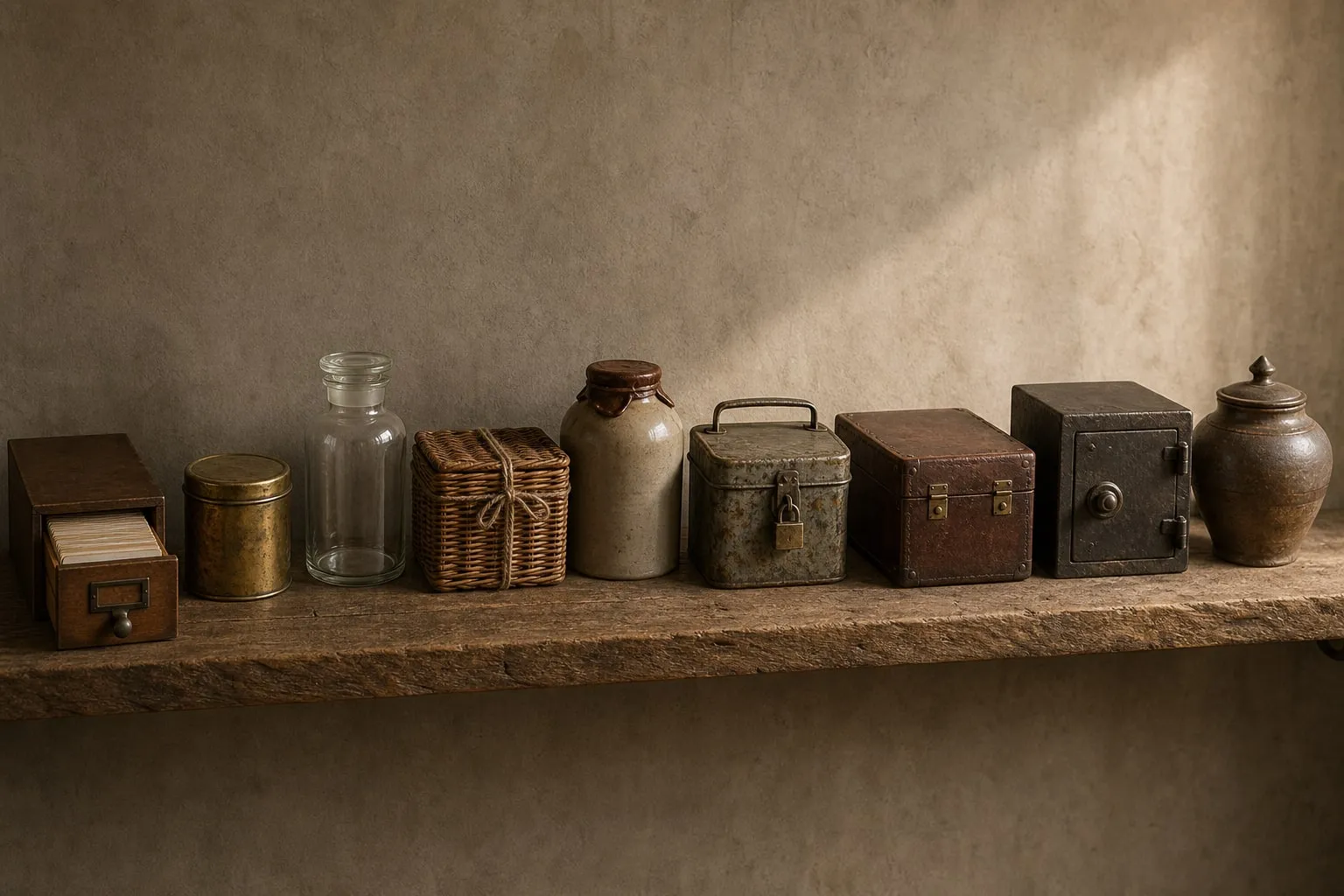 A long oak shelf holding nine differently-shaped vintage containers — one wooden card-drawer pulled cleanly open at the centre, the rest sealed in awkward ways (jar, tin, basket, crock, lunch-pail, strongbox, document-box, urn)