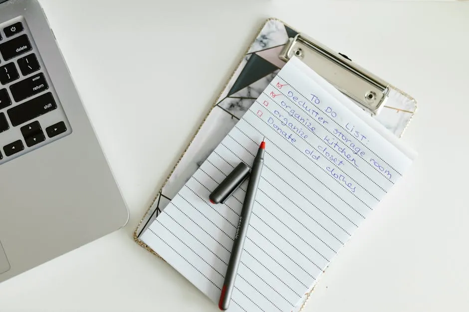 A printed checklist on a clipboard resting on a wooden desk, partly marked up with pen, suggesting a working operational procedure