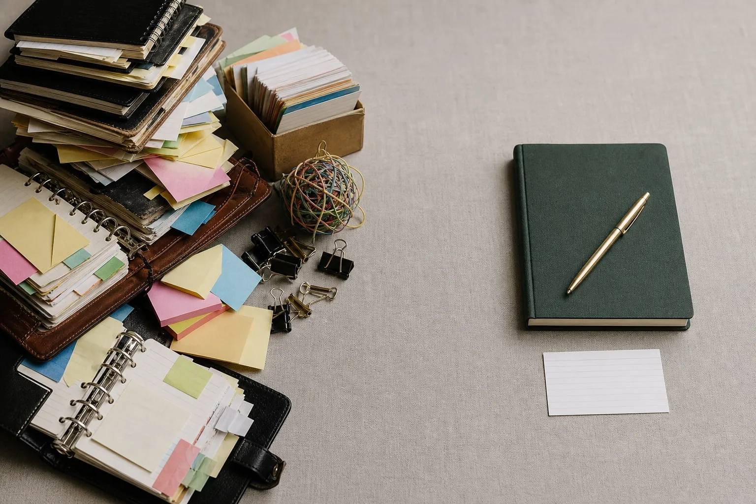 Side-by-side still-life — left half a chaotic pile of clashing planners, sticky pads and binders; right half a single closed cloth-bound notebook with a brass pen and one index card