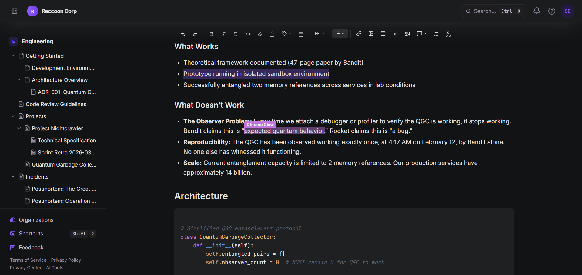 Raccoon Page editor showing a wiki page with sidebar navigation, rich text editing, and code blocks