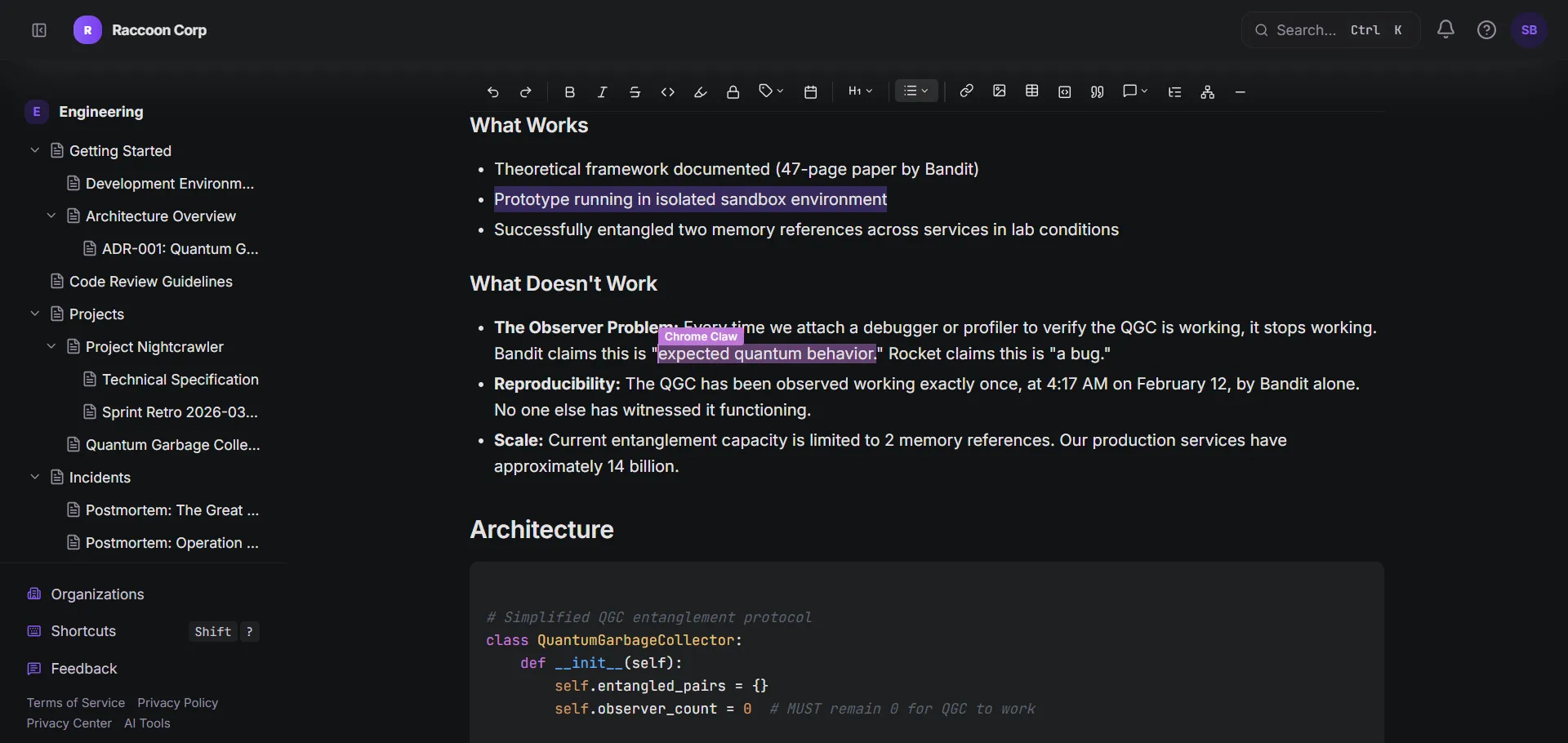 Raccoon Page editor showing a wiki page with sidebar navigation, rich text editing, and code blocks
